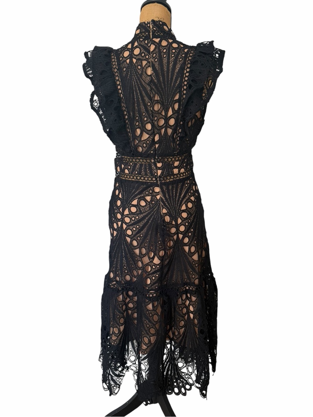 NWT Dalia MacPhee Black Lace Illusion Midi Dress Ruffle Sleeve Formal Size M - Picture 4 of 7